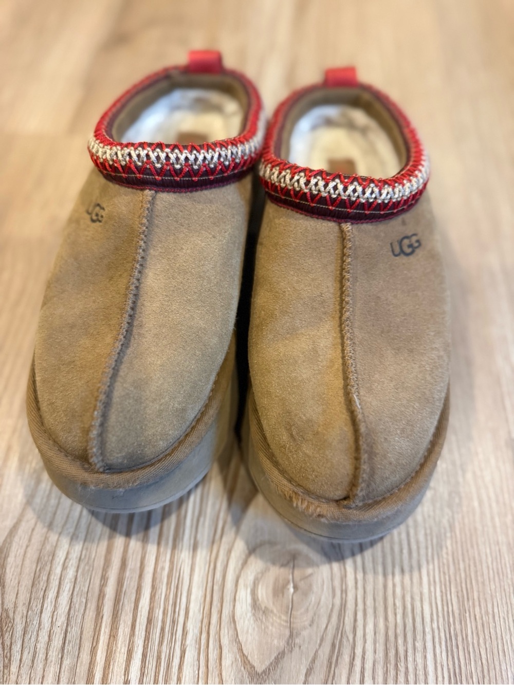 UGG Women’s Suede Slip-On Loafers in Chestnut with Red Trim